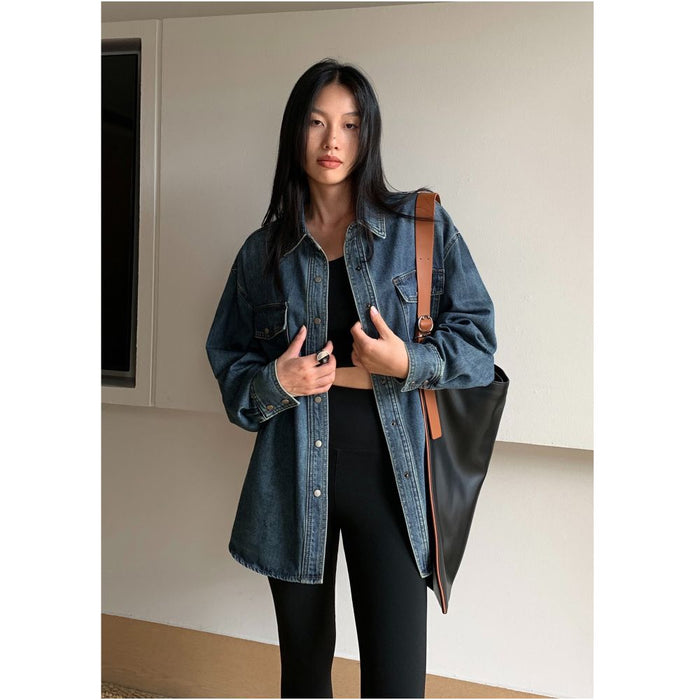 NEVA HU Blue Retro Denim Shirt Women s New Loose Casual Design Long Sleeved Jacket Top image 3