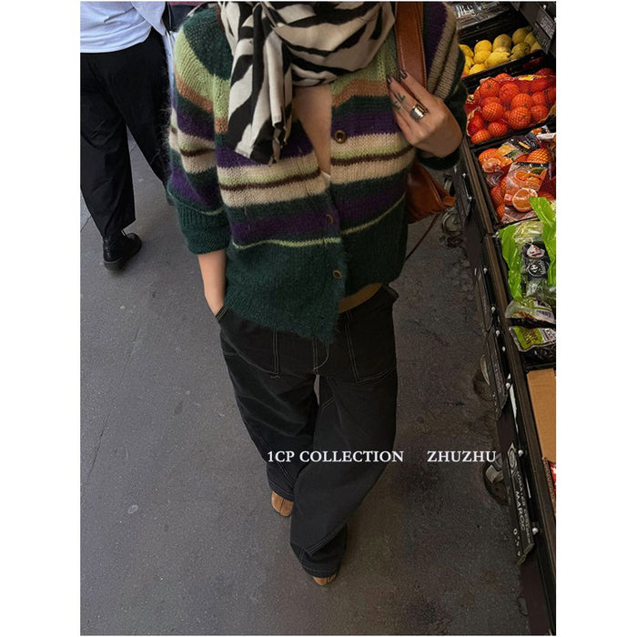 1CP Green Mohair Soft Striped Knit Cardigan for Women Spring 2026 New Style Gray Warm Wool Top image 0
