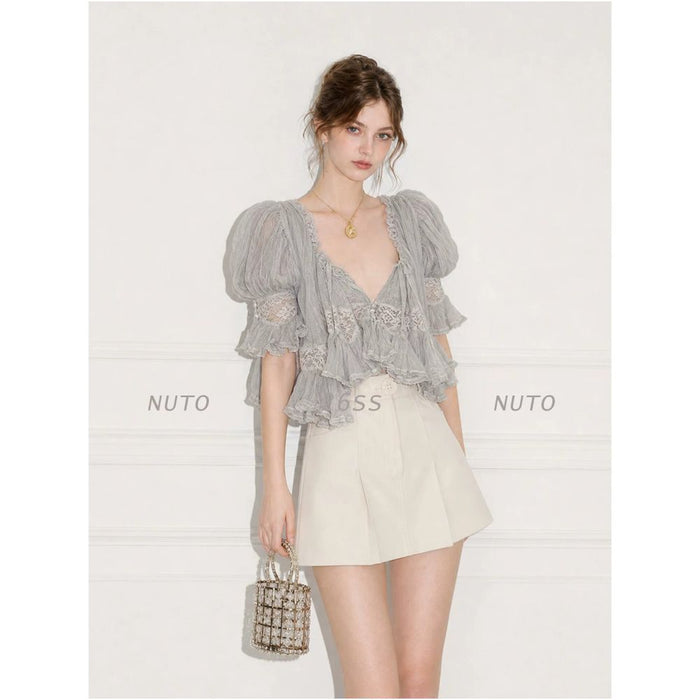 ASAYA7300 – Ethereal Lace Ruffle Blouse ☁️🩶