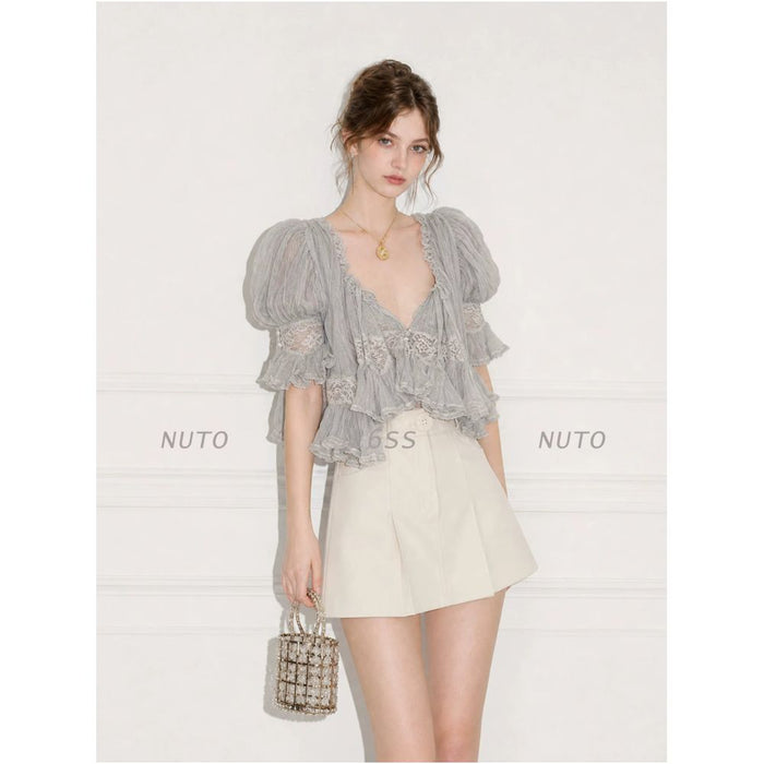 NUTO French style puff sleeve blouse with an ethereal and beautiful misty blue fitted waist image 0