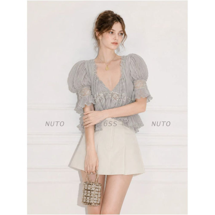NUTO French style puff sleeve blouse with an ethereal and beautiful misty blue fitted waist image 2