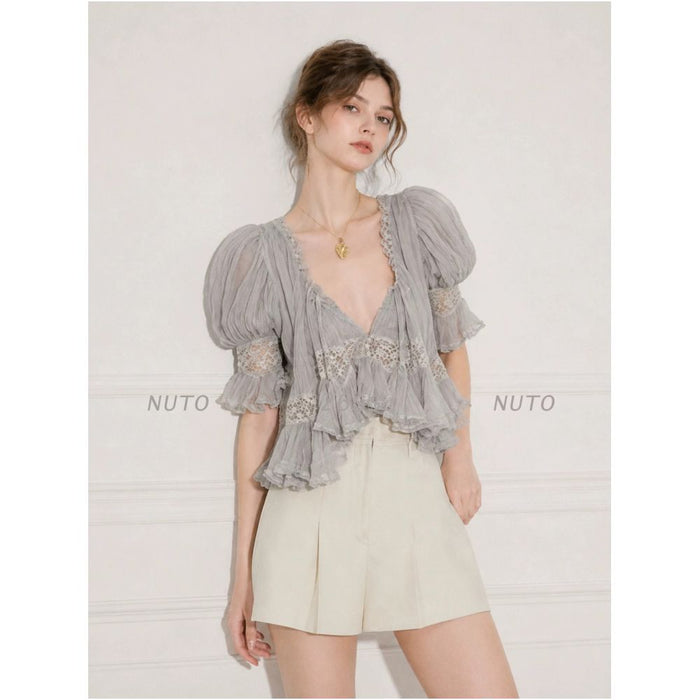 NUTO French style puff sleeve blouse with an ethereal and beautiful misty blue fitted waist image 4