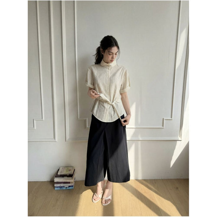RREIKO Linen Blend Mid Waist Pleated Wide Leg A Line Studded Cropped Mini Skirt image 2
