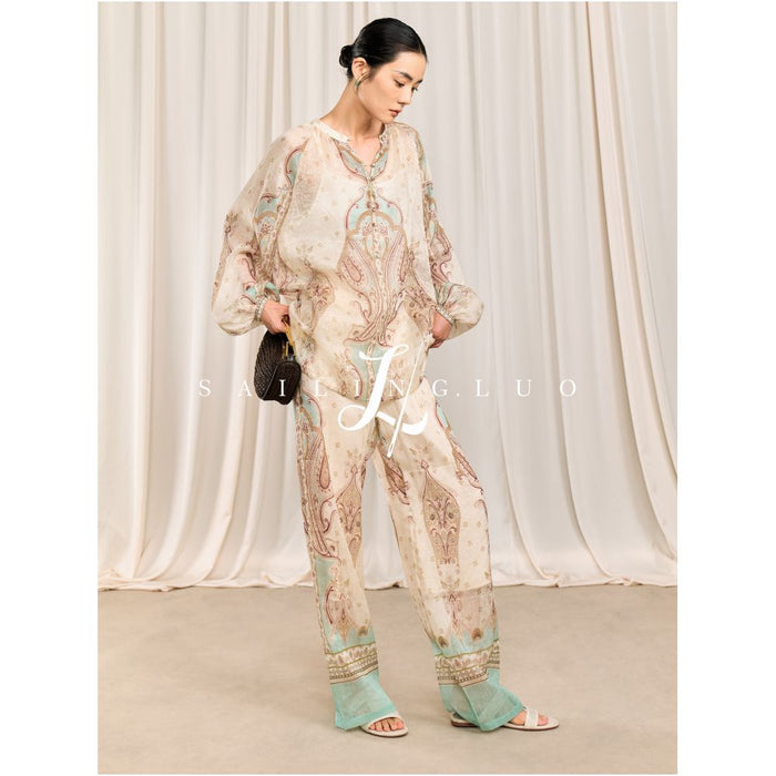 SAILING LUO 2026 New Linen Silk Printed Tie Waist Loose Fit Shirt and Trousers Set image 0