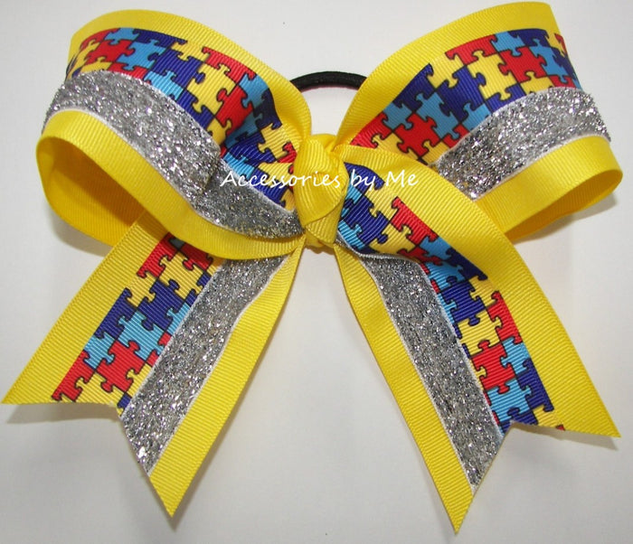 Autism Awareness Gold Glitter Cheer Bow