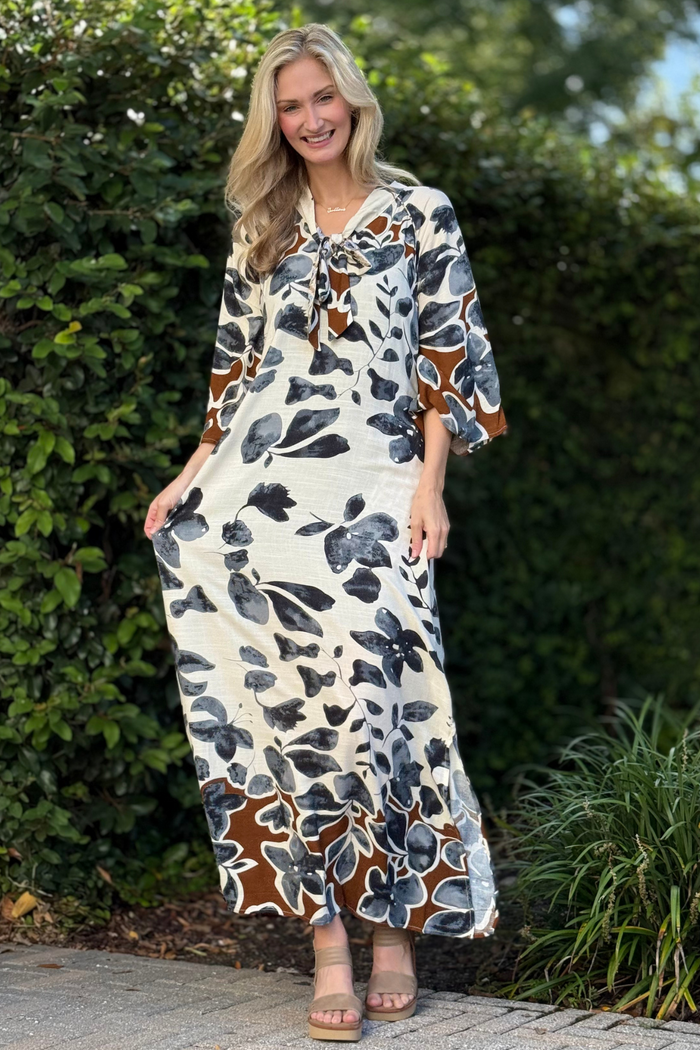 Women’s fall leaf print maxi dress with bow collar