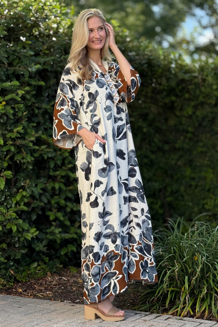 Autumn Muse Leaf Print Bow Maxi Dress