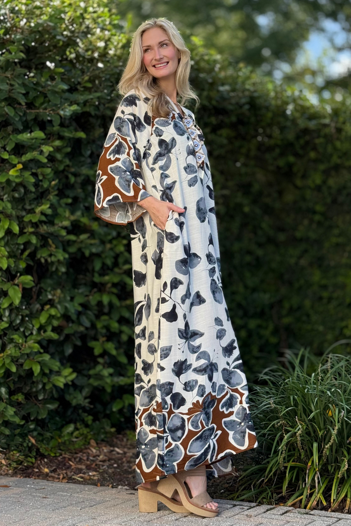 Autumn Muse Leaf Print Bow Maxi Dress