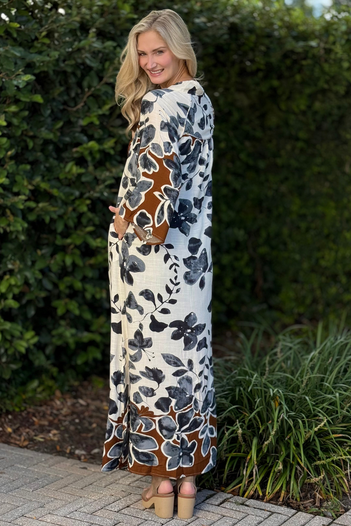 Autumn Muse Leaf Print Bow Maxi Dress