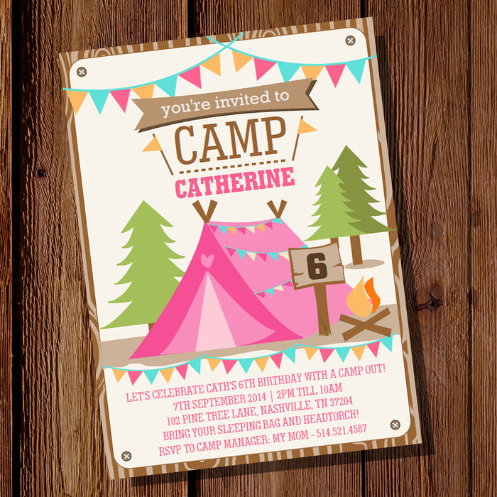 Backyard Camping Party Invitations for a Girl