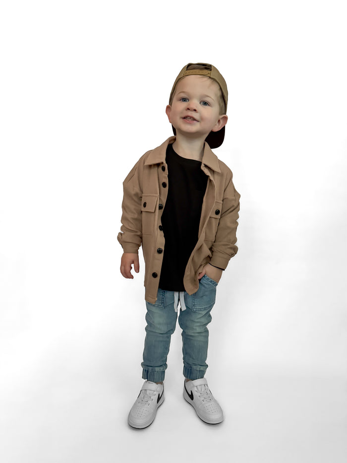 BAMBOO RIBBED BUTTON UP SHACKET - COFFEE