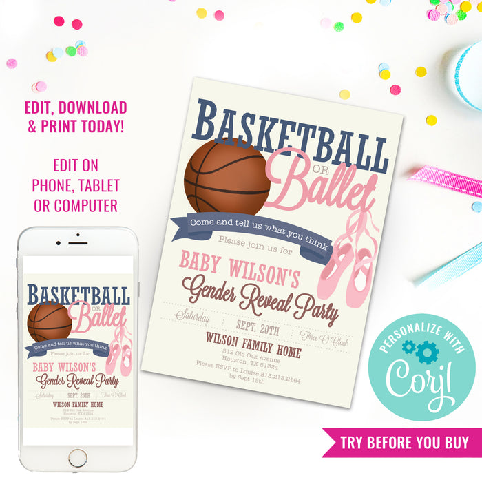Basketball or Ballet Gender Reveal Party Invitation | Ball Or Ballet