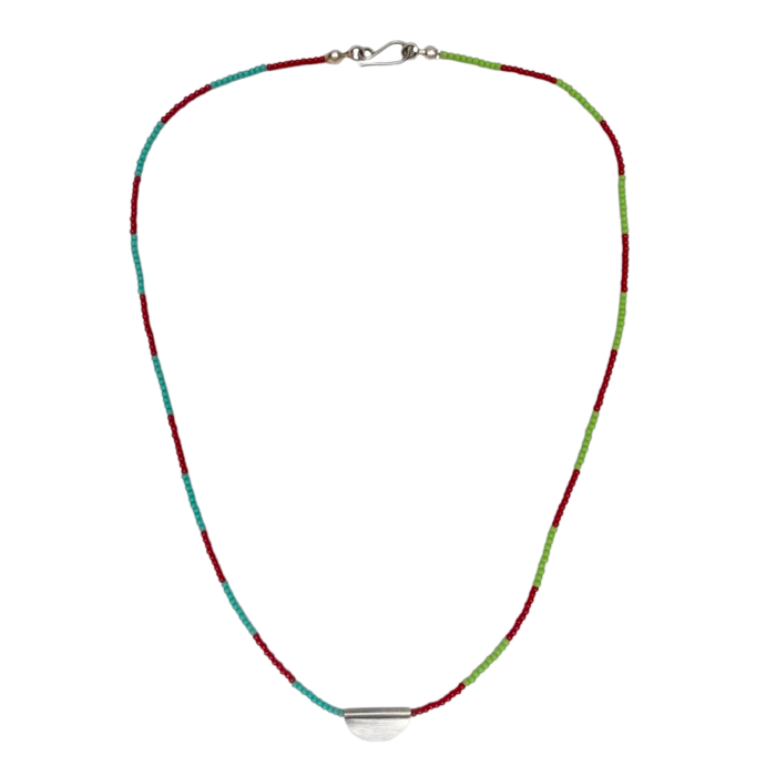 Beaded Necklace with Silver Scallop Pendant - Teal, Red, Green