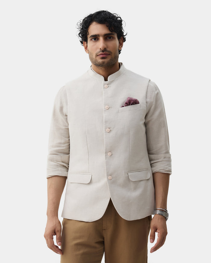 Beige Bandhgala Linen Textured Waistcoat - Drift