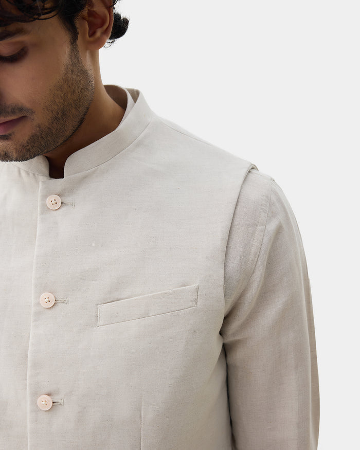 Beige Bandhgala Linen Textured Waistcoat - Drift