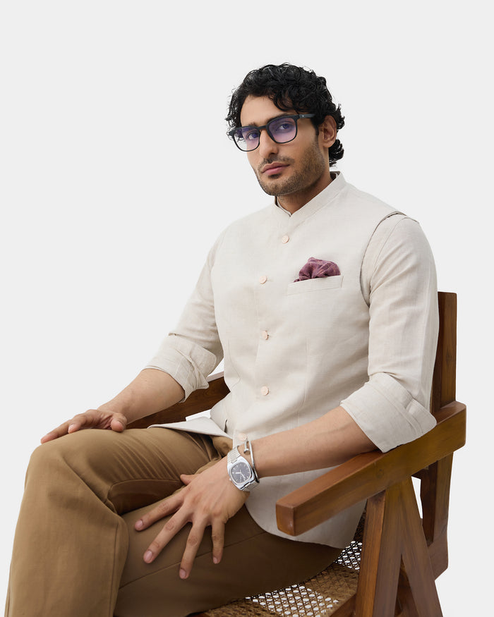 Beige Bandhgala Linen Textured Waistcoat - Drift