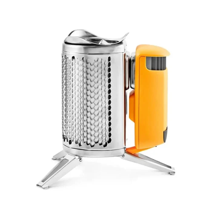 Biolite camp stove shown from the side with the legs extended on a white background