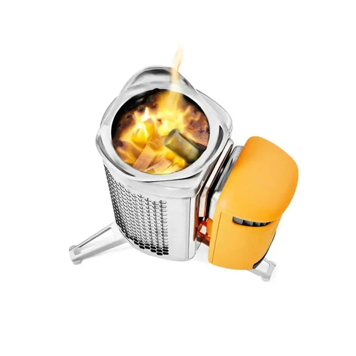Biolite camp stove shown from above burning wood on a white background