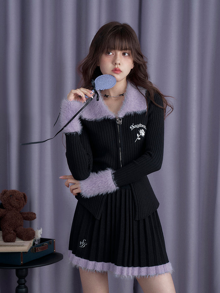 Black and Purple Knitted Slim Fit Cardigan Short Skirt for Winter