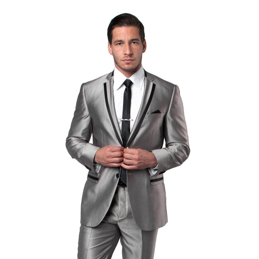 Black / Black Solid Tone on Tone  Satin 2-PC Slim Fit Stretch Suits For Men - Giorgio's Menswear