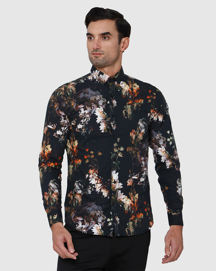 Black Floral Print Full Sleeves Shirt