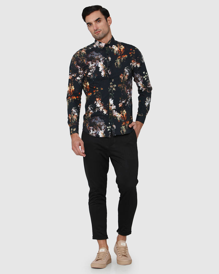 Black Floral Print Full Sleeves Shirt
