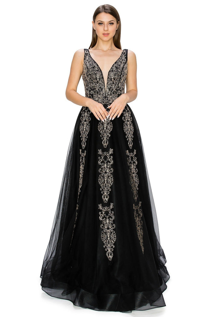 Black Glitter Floral Lace Tulle Gown by Cinderella Couture USA AS8029J-BLK - Special Occasion/Curves