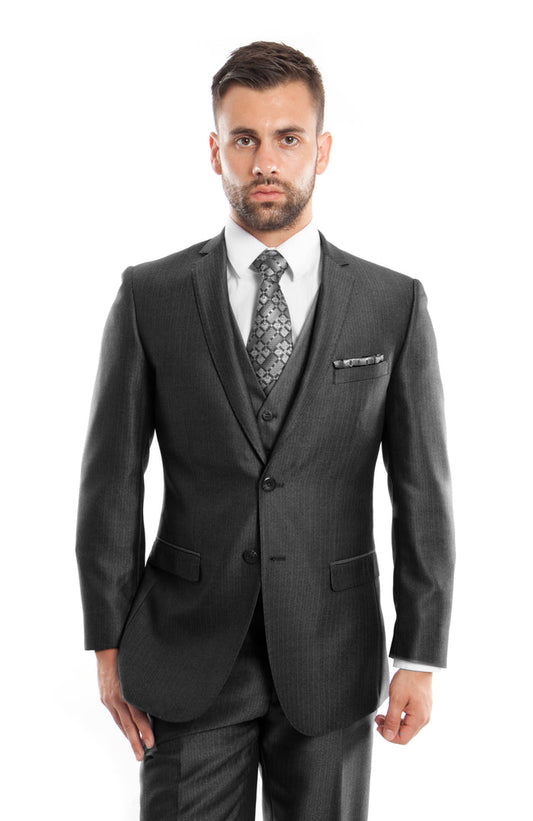 Black Textured Pattern 3-PC Slim Fit Performance Stretch Suits For Men - Giorgio's Menswear