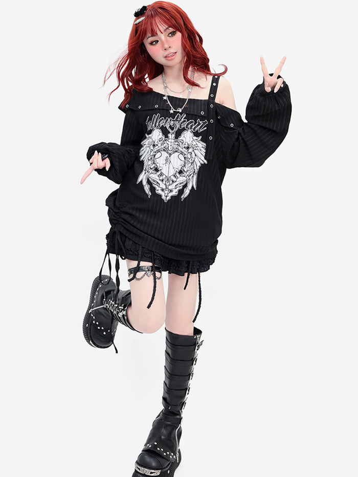 Black Y2K Drawstring Loose-Fit Long Sleeve Asymmetric Off-Shoulder Thin Top for Spring/Autumn