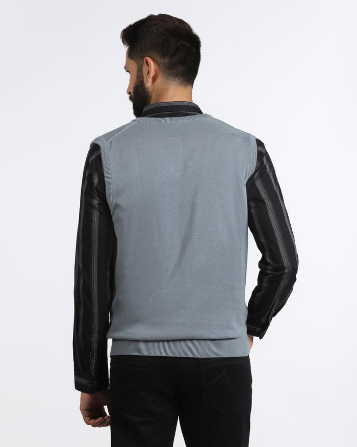 Blue V-Neck Solid Sweatshirt - Less