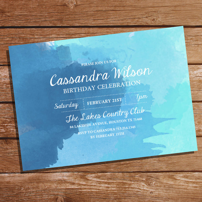 Blue Watercolor Birthday Invitation