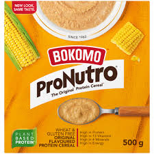 Orange Bokomo ProNutro Wheat Free Original 500g cereal box with corn cobs and a spoonful of porridge.
