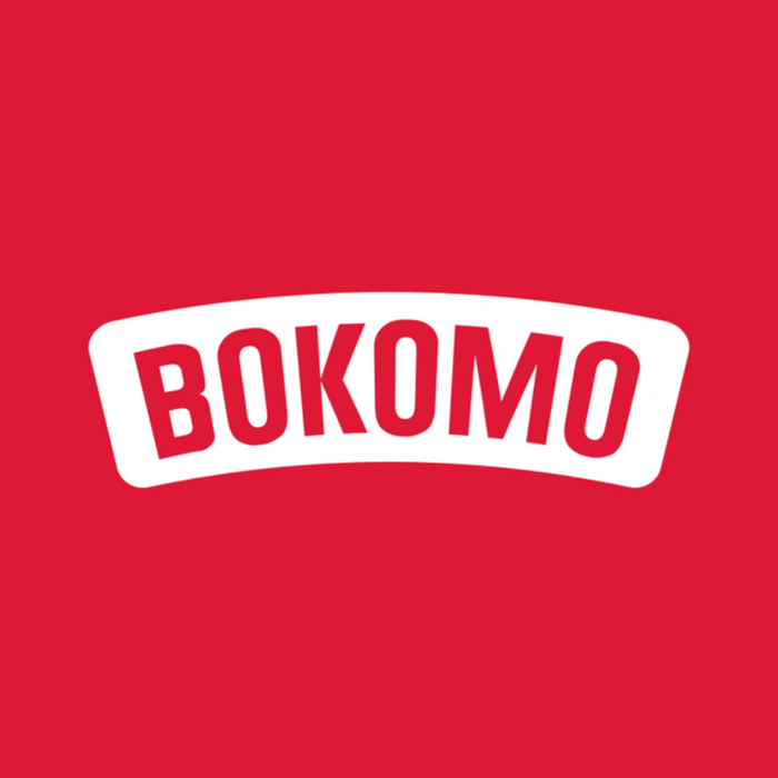 White BOKOMO text inside a curved white rectangular shape on a solid red background.