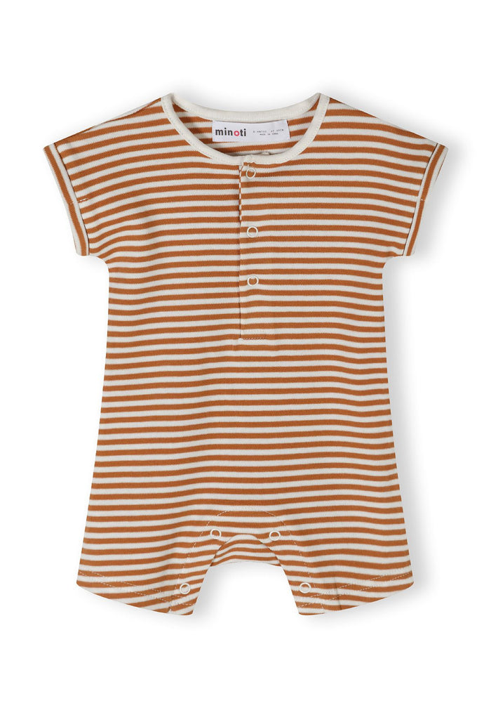 Boys short sleeve romper in beige with striped pattern, front view, featuring press stud fastenings.