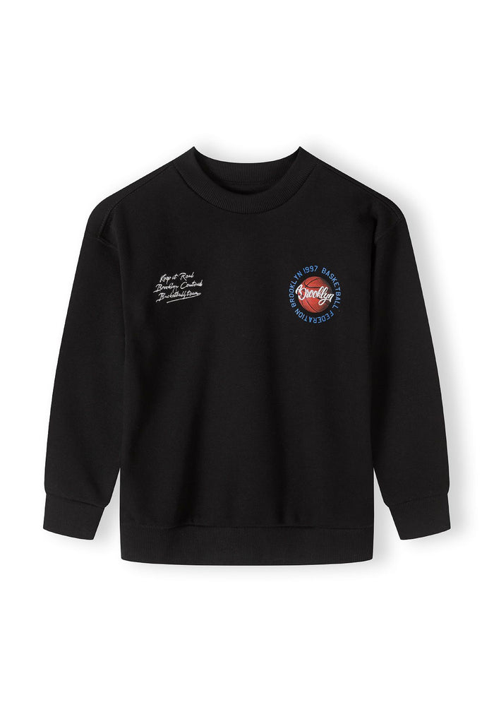 Boys black sweatshirt, oversized fit, round neckline, graphic print on front.