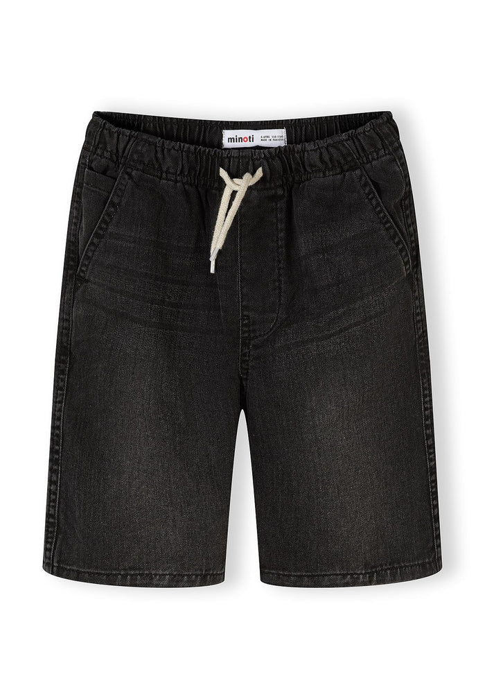 Boys' black denim shorts, front view, elasticated waistband, side pockets.