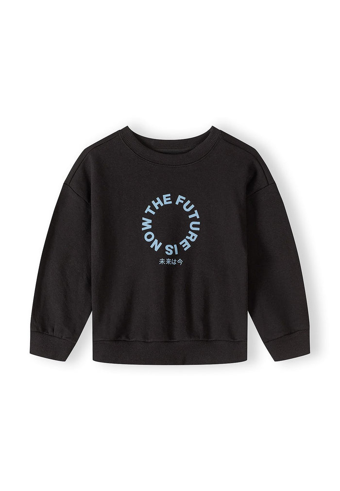 Boys black sweatshirt with printed text, front view.