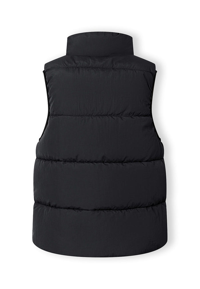 Boys black quilted waistcoat, back view with stand collar.