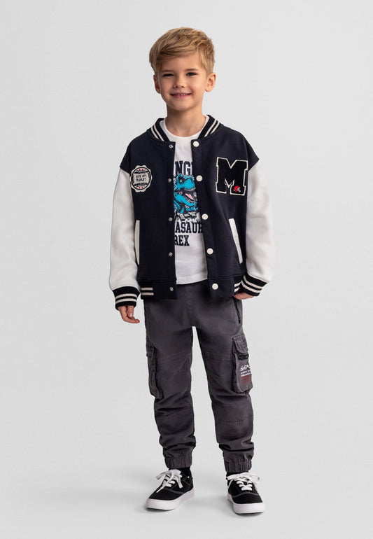 Boys' lightweight baseball jacket with black and white sleeves, worn by a child.