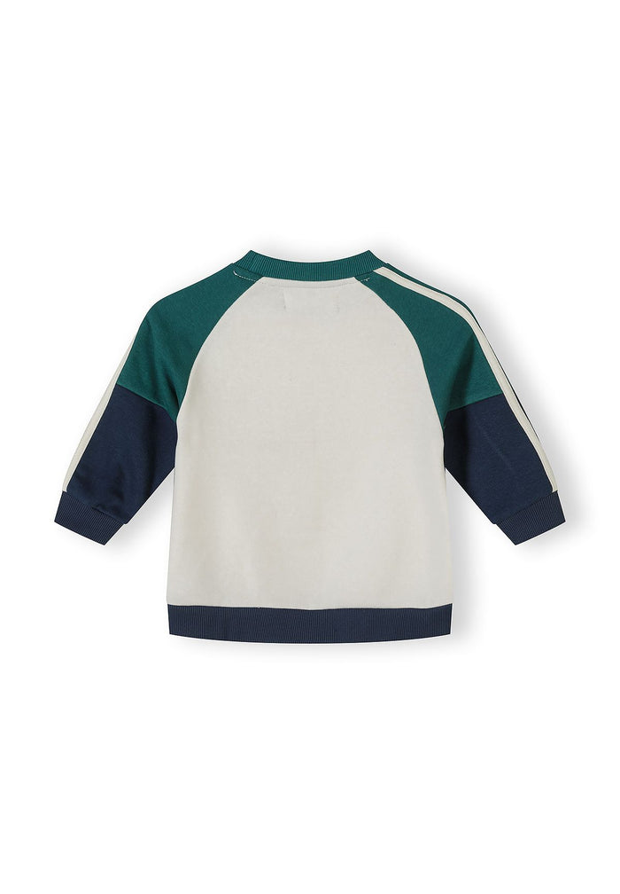 Boys' navy tracksuit sweatshirt back view with contrasting panels and ribbed cuffs.