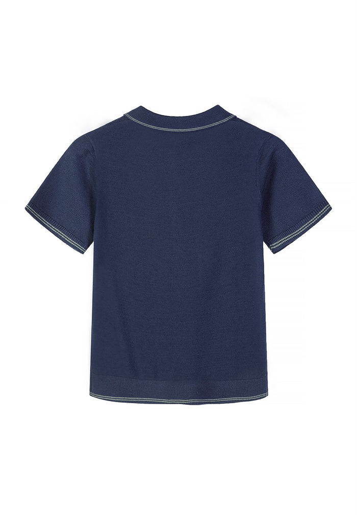 Boys knitted polo shirt in navy blue, back view with short sleeves and classic collar.