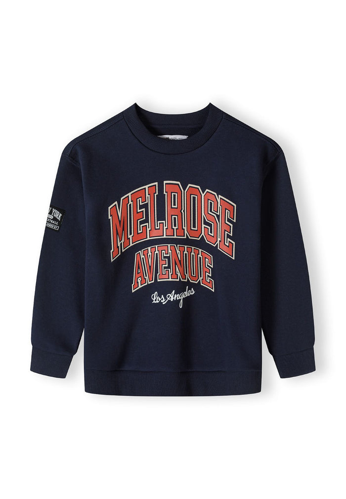 Boys navy fleece crew neck sweatshirt with front print and sleeve patch, front view.