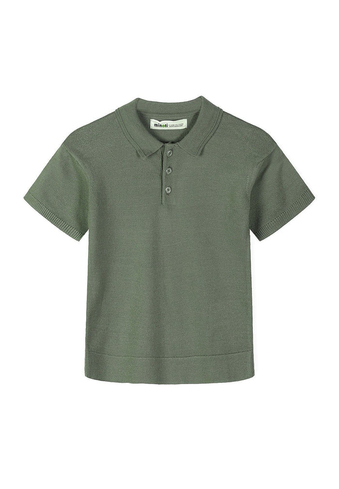 Boys long sleeve knitted polo shirt in deep forest, featuring a classic collar and buttoned placket.