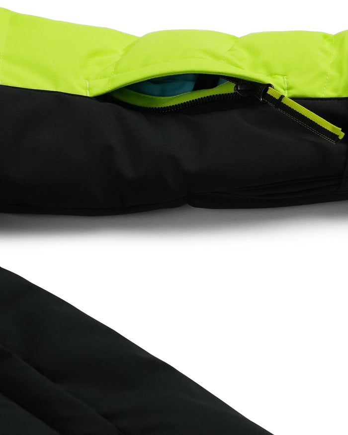 Close-up of a black and green jacket with a zipper on a white background
