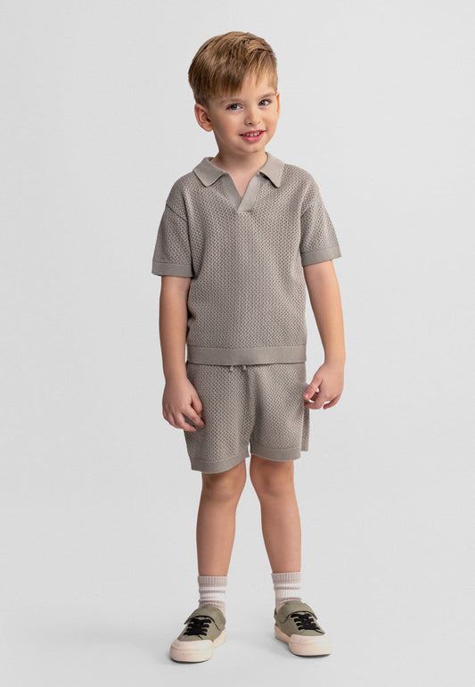 Knitted Polo Shirt and Shorts Set, Khaki - 1