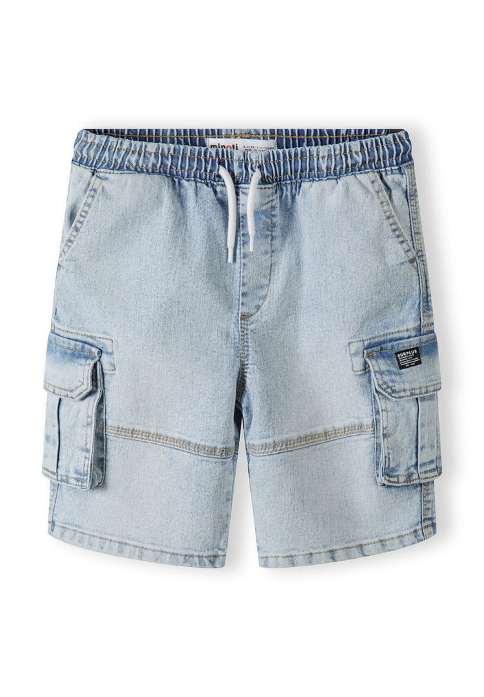 Boys light blue denim cargo shorts, front view, featuring elasticated waistband and large side pockets.