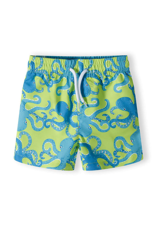 Boys board shorts in bright yellow with octopus print, front view, featuring adjustable drawstring.