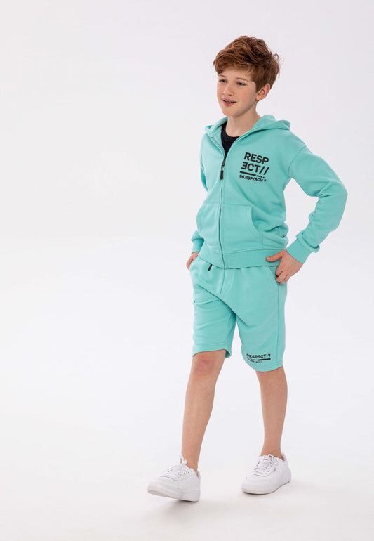 Fleece Shorts Turquoise Drawcord Zip Pockets - 1
