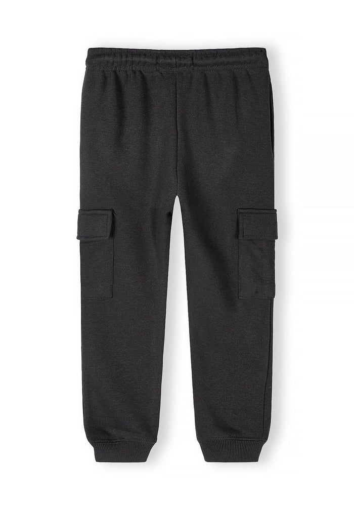 Boys cargo joggers in solid grey, front view, featuring elastic waistband and cargo pockets.