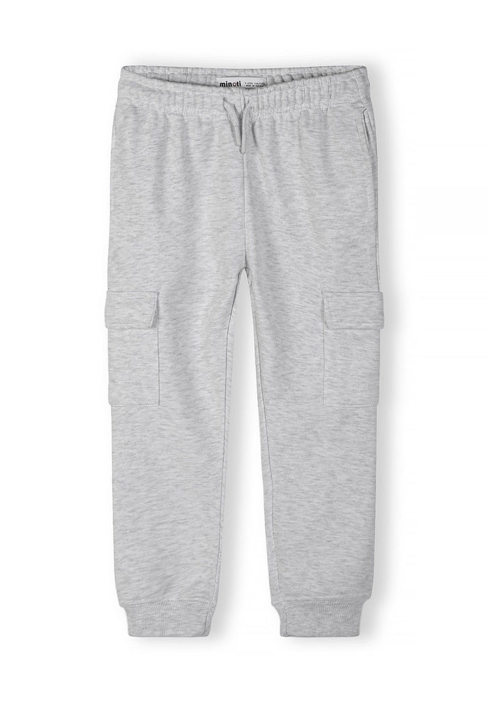 Boys grey cargo joggers with elastic waistband and side pockets, front view.